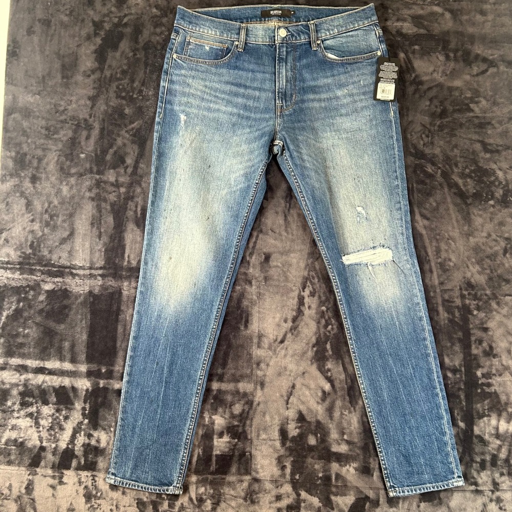Hudson Jeans Men 36 Blue Gallery Slim Straight Distressed Paint Splatter Denim